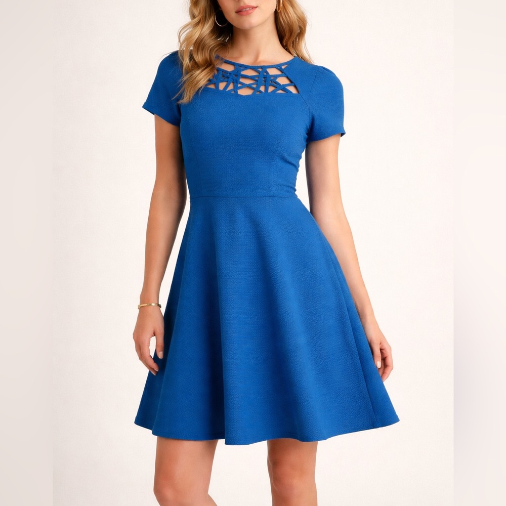 Anthropologie Maeve Blue Lattice Neck Fit Flare Dress Size 6